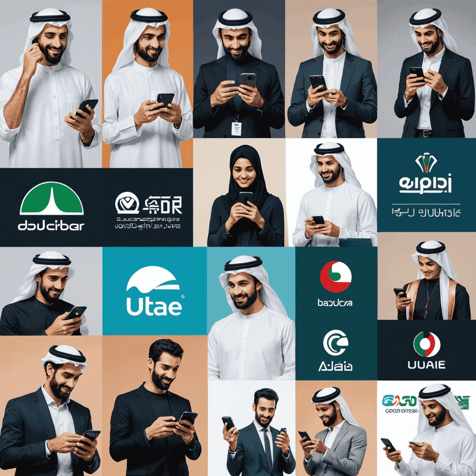 Collage of UAE mobile operator logos and people using smartphones